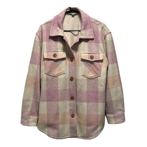 LOFT Outlet Wool Blend Plaid Pink and Cream Button-Up Shirt Jacket Size Medium